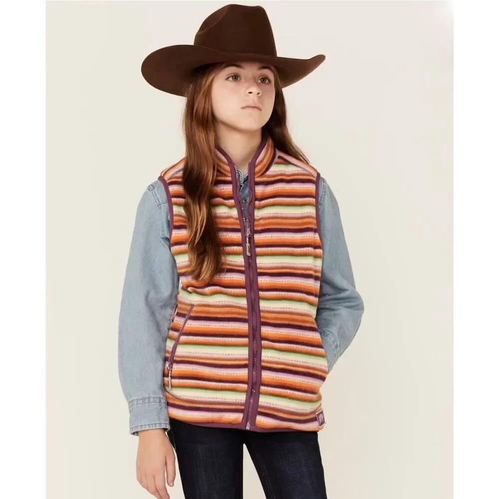 HOOEY Girls' Serape Striped Print Reversible Zip Up Western Fleece Vest, Medium